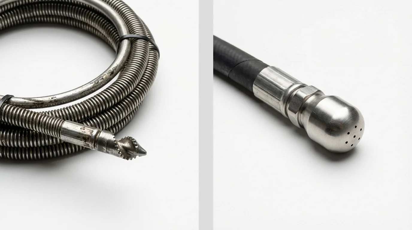Drain snake cable and hydro jetting nozzle used for drain cleaning in Gonzales, CA