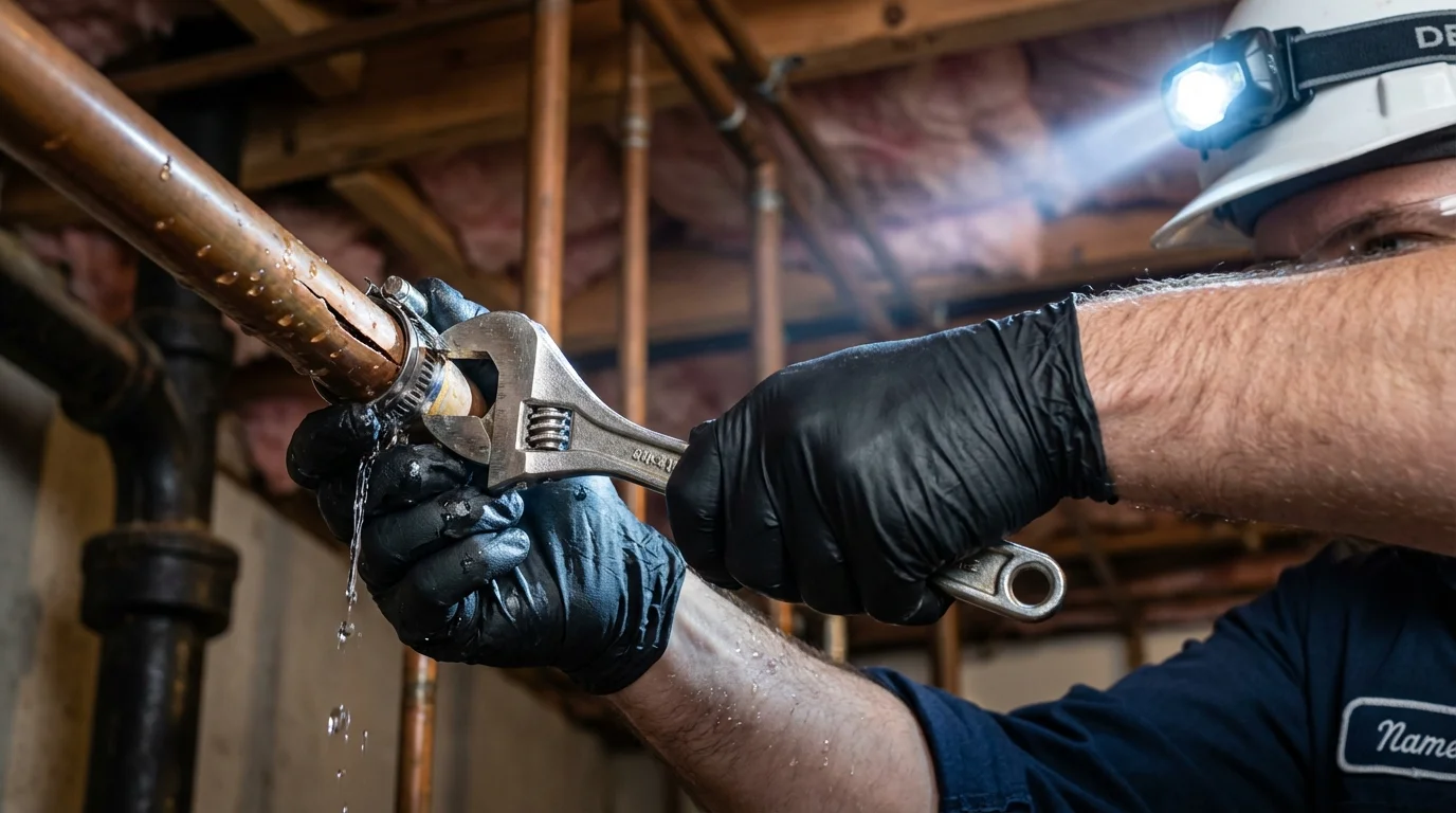 Emergency pipe clamp repair being performed by a Johns Plumbing LLC plumber in Gonzales