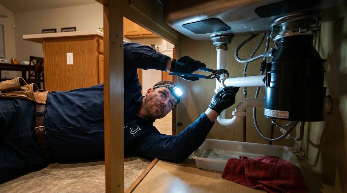 P-trap and supply line connections under a kitchen sink showing a common leak point in Gonzales, CA